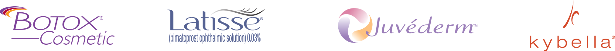 Botox Cosmetic, Latisse, Juvéderm, and Kybella logo's